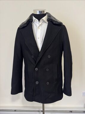 Sayki mens XL black solid wool blend faux fur double breast pea coat EUC